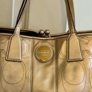 Coach Signature “C” Stitched Gold Leather Metallic Kiss lock Tote Handbag